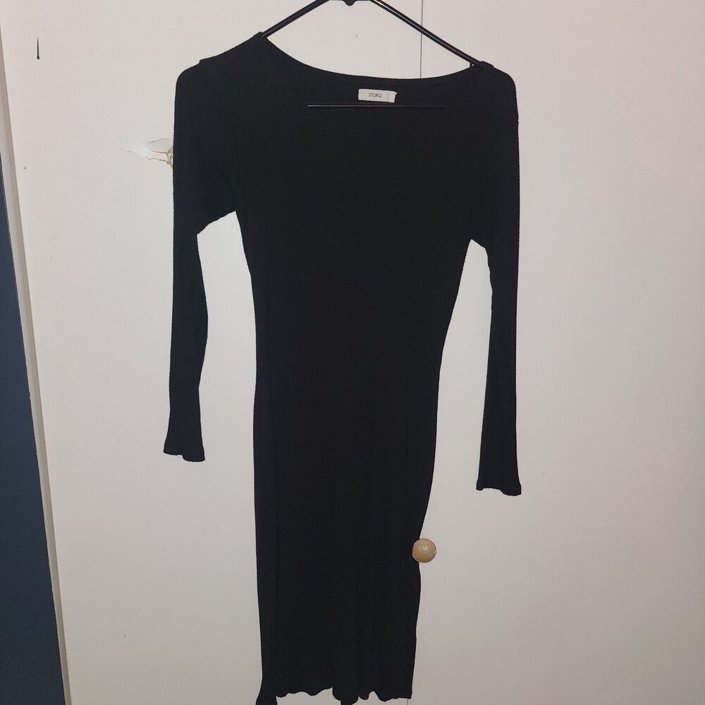 STORQ Black Knit rib Long Sleeve Midi Sheath Dress Scoop Neck Size 3 maternity